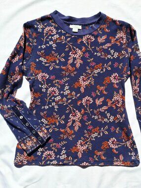 Sundance Waffle Top Longsleeve Shirt Velvet Trim Stretch Boho Indie Petit S-M